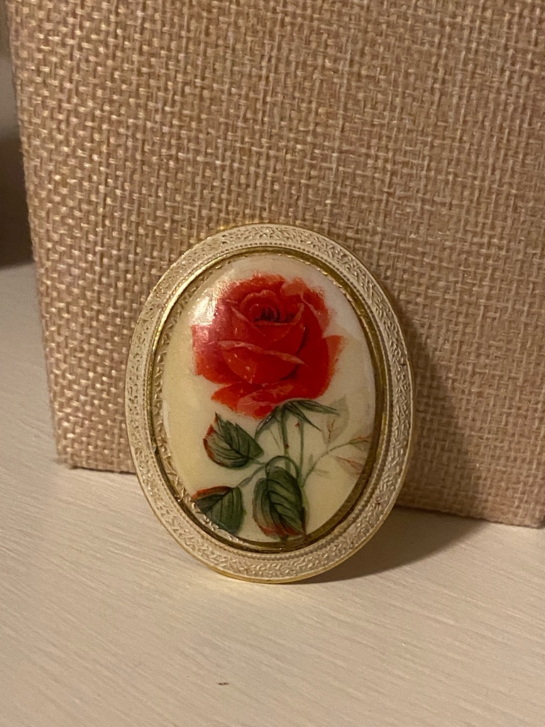 Vtg Western Germany Oval Porcelain Rose Brooch 65$